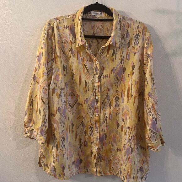 Coldwater Creek Top Women Size XXL Yellow Linen Button Southwest Aztec Casual - Picture 1 of 7
